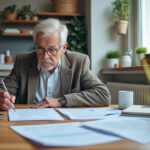 Retraitée consultant ses documents d'aides financières à domicile