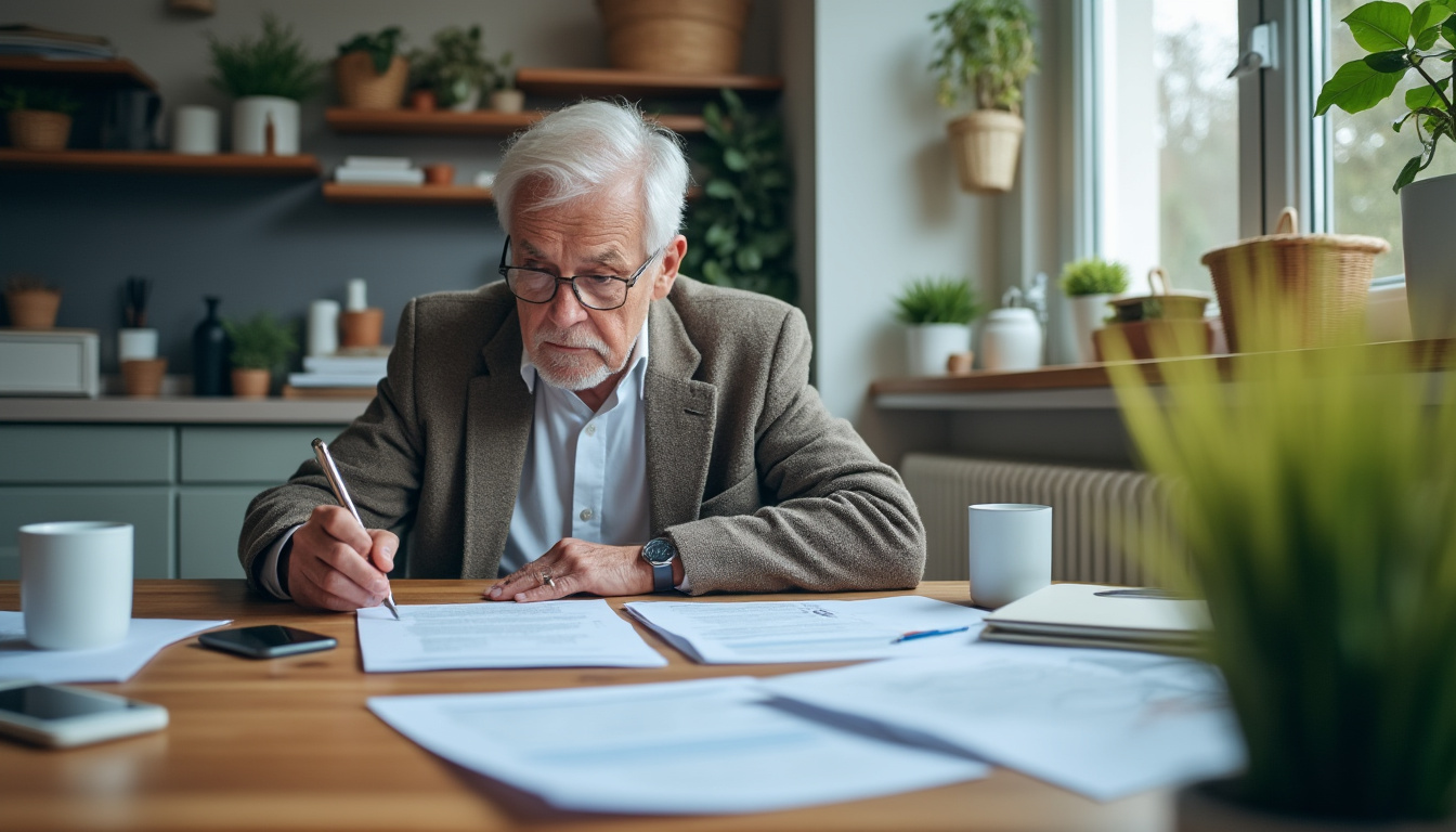 Retraitée consultant ses documents d'aides financières à domicile