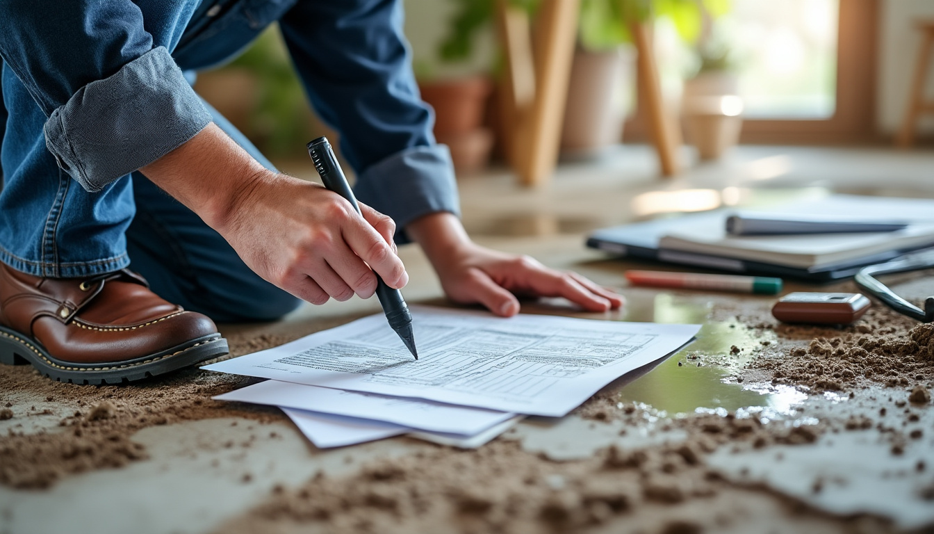 Expert en assurance examinant des dégâts des eaux dans un logement