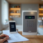 Dossier d'assurance habitation avec alarme connectée et calculatrice sur une table