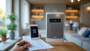 Dossier d'assurance habitation avec alarme connectée et calculatrice sur une table