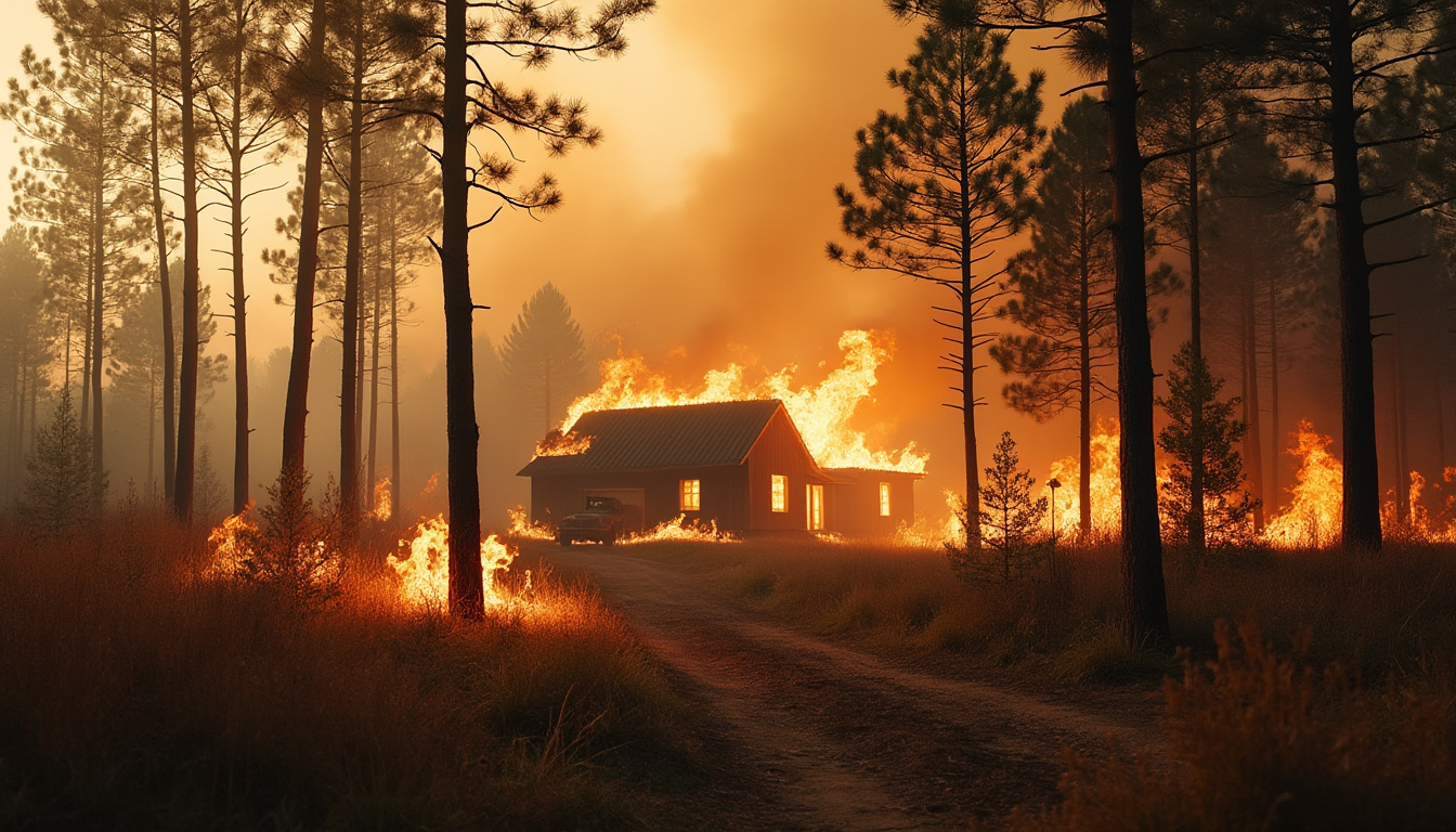 Feu de forêt menaçant des habitations, symbole de la hausse des tarifs d'assurance en 2026