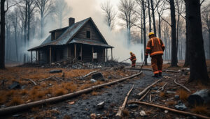 Maison endommagée après un incendie de forêt en France