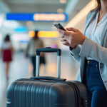 Voyageur consultant son téléphone dans un aéroport avec ses bagages