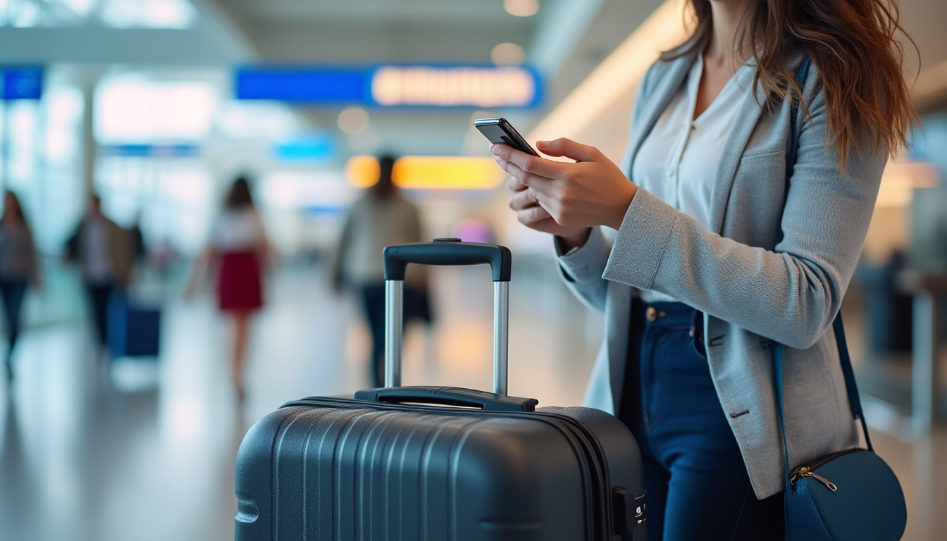 Voyageur consultant son téléphone dans un aéroport avec ses bagages