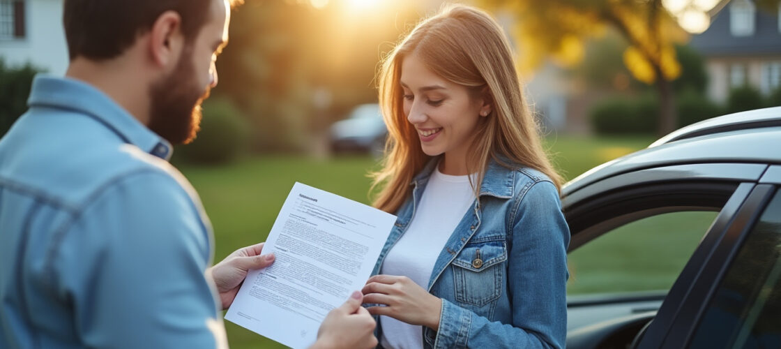 Un couple consulte les papiers d'assurance de leur voiture devant le domicile