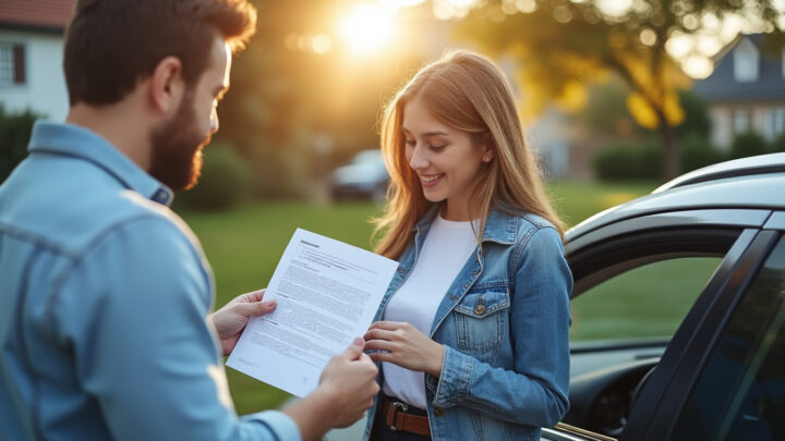Un couple consulte les papiers d'assurance de leur voiture devant le domicile