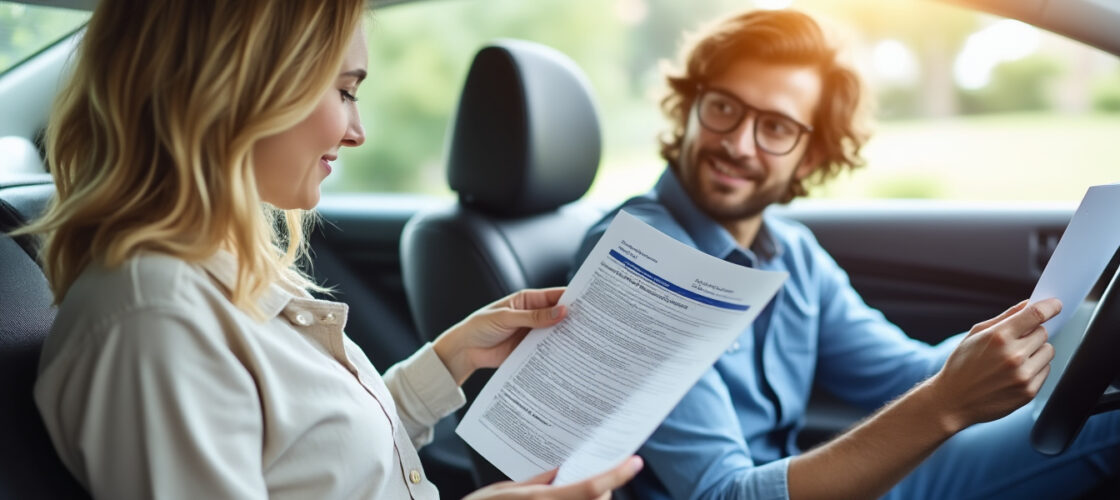 Un couple consulte ses contrats d'assurance auto devant leur voiture
