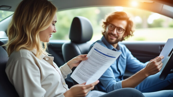 Un couple consulte ses contrats d'assurance auto devant leur voiture