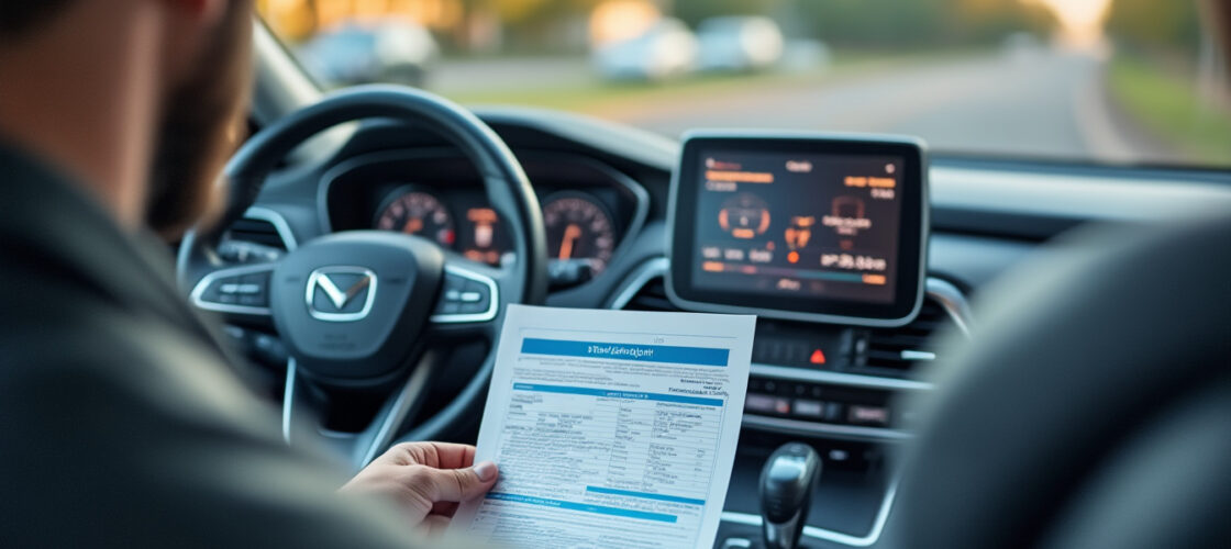 Documents d'assurance auto posés sur le tableau de bord d'une voiture à la rentrée
