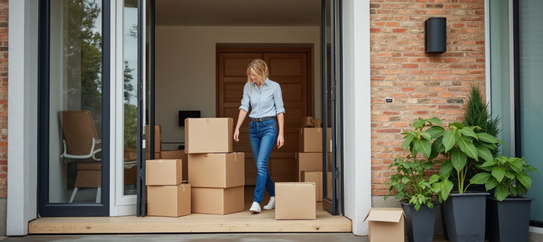 Déménagement d'un appartement à la rentrée avec cartons devant l'immeuble
