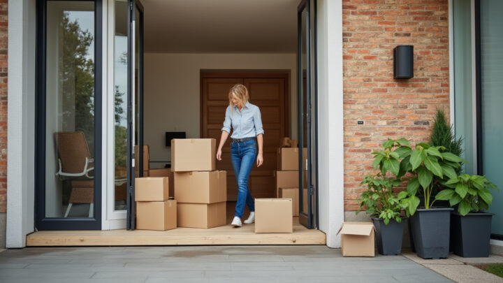 Déménagement d'un appartement à la rentrée avec cartons devant l'immeuble