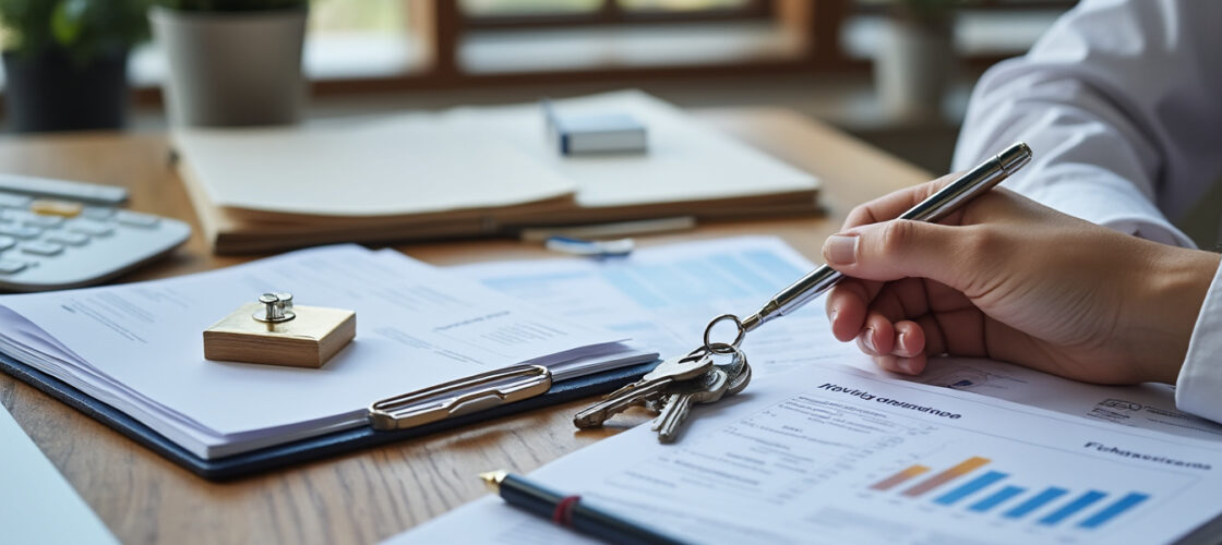 Clés de maison posées sur des documents d'assurance habitation