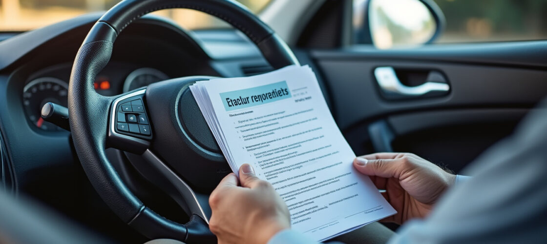 Documents d'assurance auto posés près d'un volant de voiture
