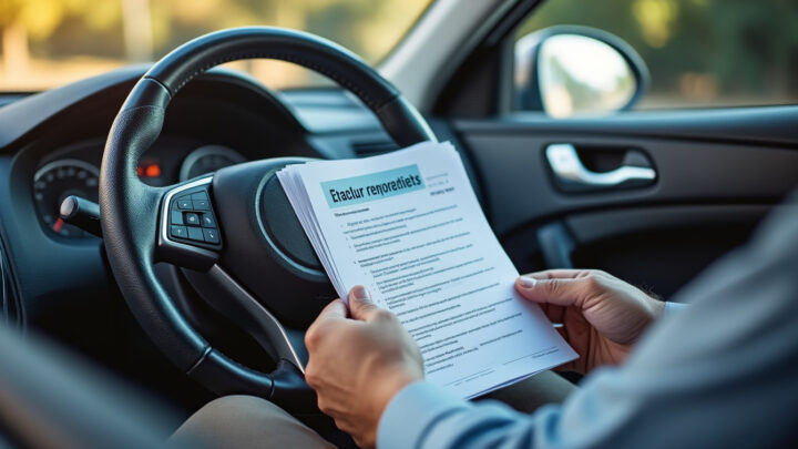 Documents d'assurance auto posés près d'un volant de voiture