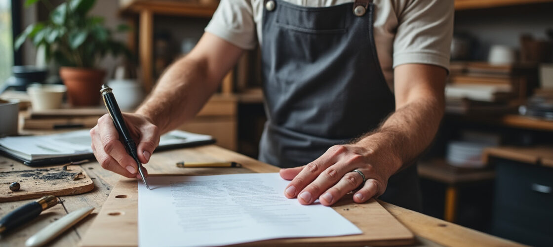Artisan consultant ses documents de mutuelle santé dans son atelier