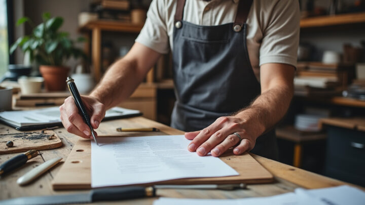 Artisan consultant ses documents de mutuelle santé dans son atelier