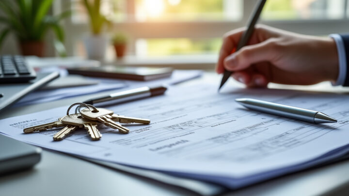 Dossier d'assurance habitation et clés de maison posés sur un bureau