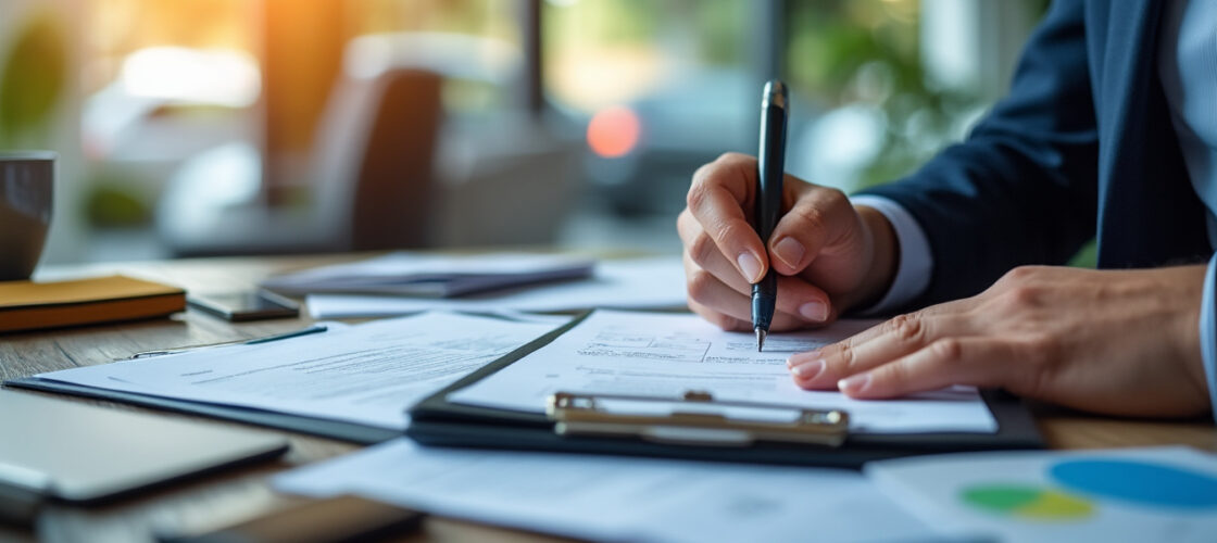 Dossier de sinistre auto et documents d'assurance sur un bureau