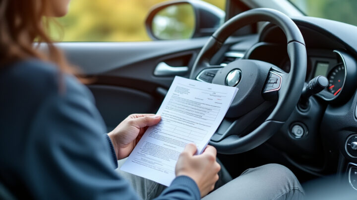 Conducteur consultant un document d'assurance auto près de son volant