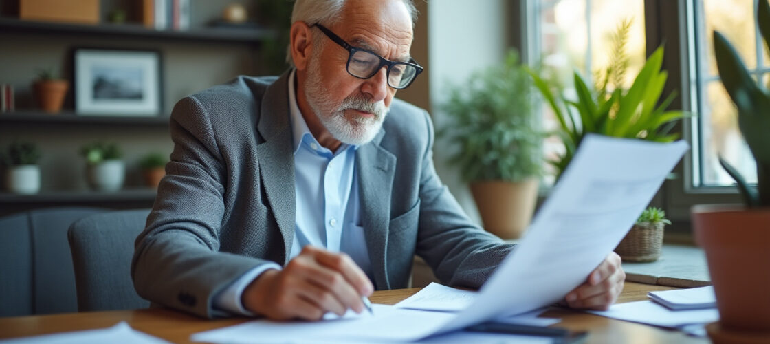 Conducteur senior consultant son contrat d'assurance auto près de sa voiture