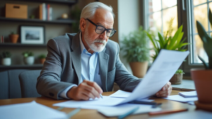 Conducteur senior consultant son contrat d'assurance auto près de sa voiture