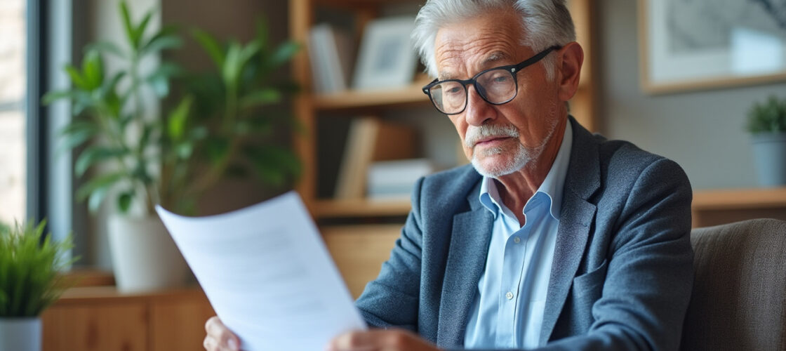 Un assuré consulte les tarifs de sa complémentaire santé sur des documents papier